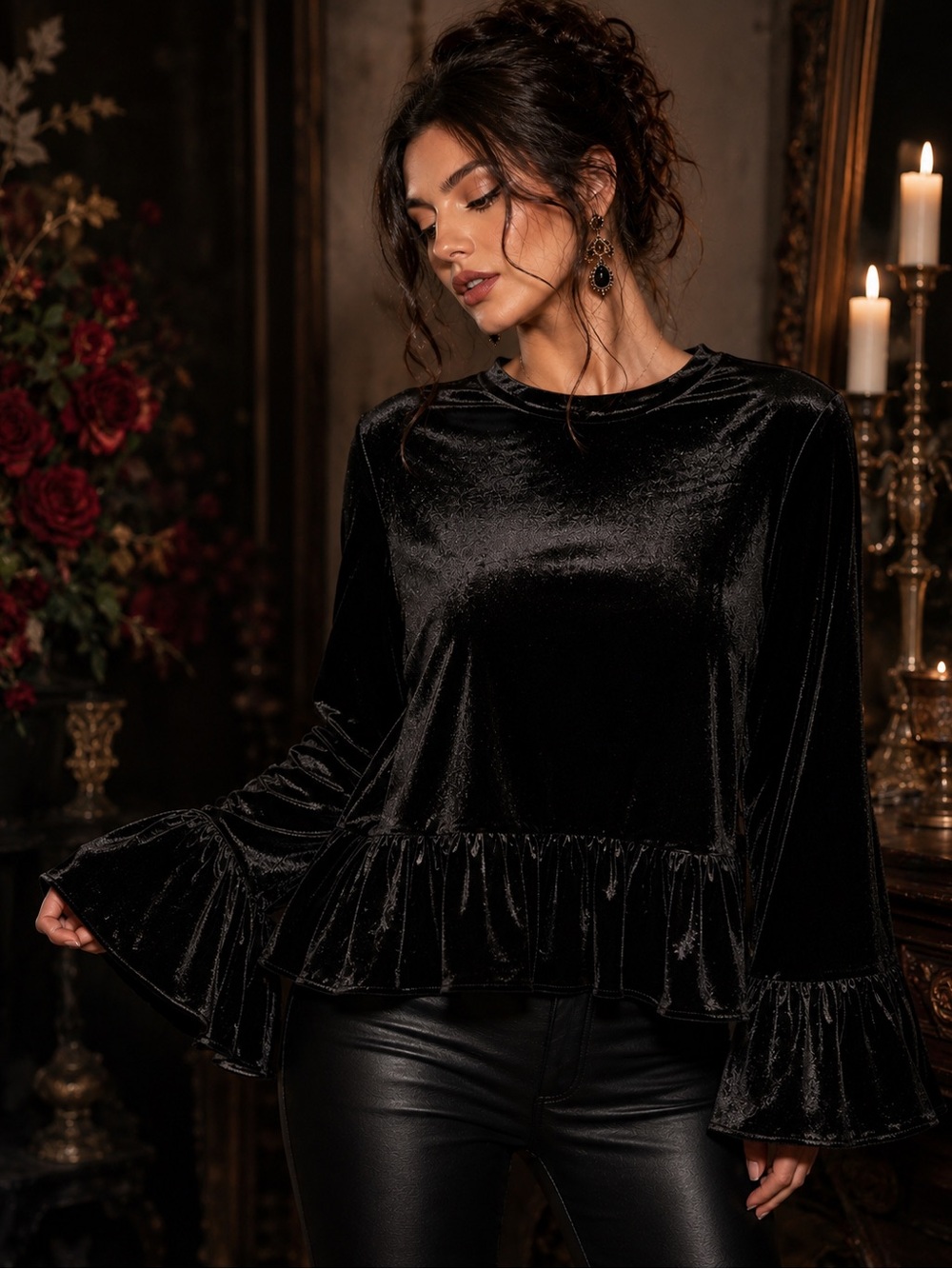 NWT NOYIUS Black Velvet Bell Sleeve Peplum Ruffle Top XL Gothic